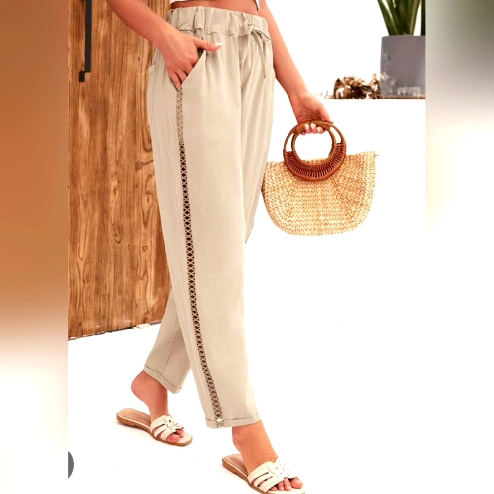 NWT!!  PUIMENTIUA, Linen, Drawstring  Taupe Cuffed Pants. Size s